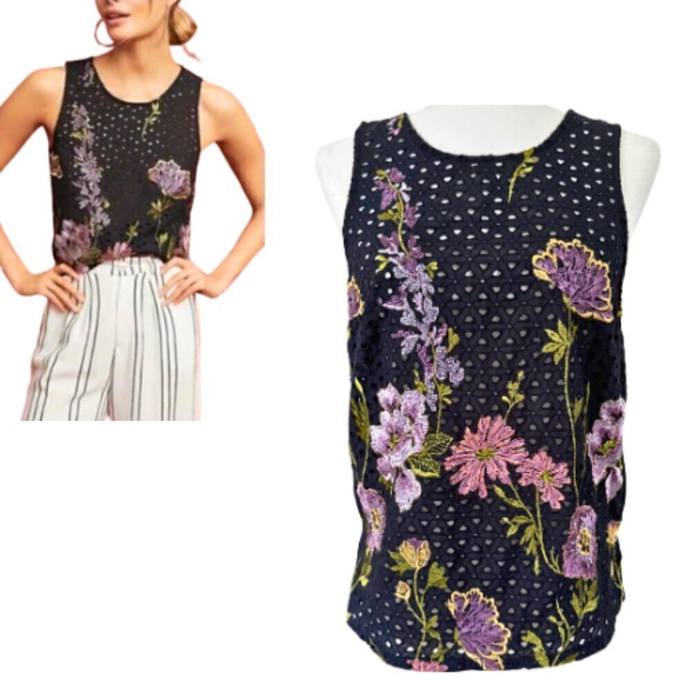 ANTHROPOLOGIE Mixed Material Eyelet Embroidered Sleeveless Top Size SP